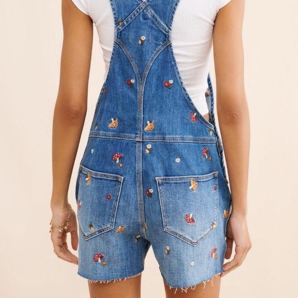Driftwood x Free People Mushroom Embroidered Denim Overalls Shortalls - S - Picture 2 of 8